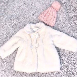 Koala Baby Boutique Vegan White Fur Coat and pink beanie hat 12 mos.